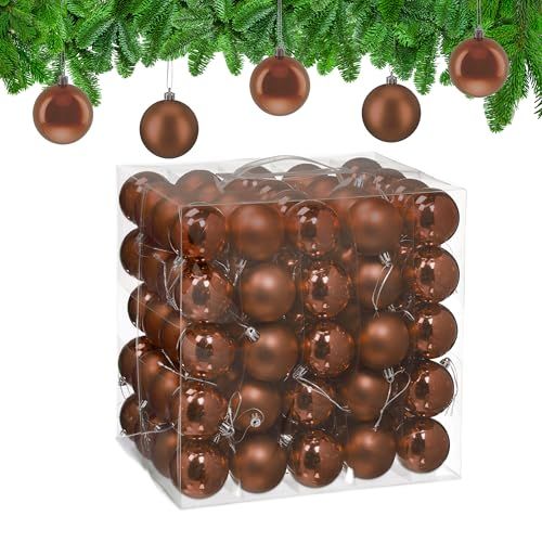 Relaxdays Kerstbal, set van 100 stuks, kunststof, Ø 6 cm, bruin