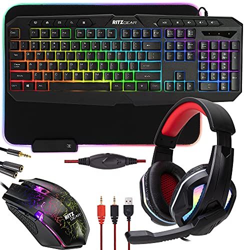 RitzGear Ritz Gear RGB Gaming Accessoires Kit | 4-in-1 Rainbow LED Backlight Bundel PC Combo met Multimedia Toetsenbord, Optische Muis, Muismat & Headset w/Adapter | voor Windows 7+ Desktop, Laptop, Xbox & PS4
