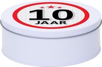 Merkloos Leeftijd Snoeptrommel - koektrommel Cadeau - wit - rond blik - met 10 jaar sticker - Cadeauverpakking - verjaardag