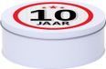 Merkloos Leeftijd Snoeptrommel - koektrommel Cadeau - wit - rond blik - met 10 jaar sticker - Cadeauverpakking - verjaardag