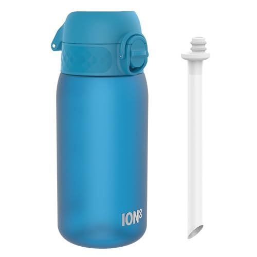 ION8 Kinder Waterfles Met Rietje, 350 ml/12 oz, Lekvrij, Makkelijk te Openen, Veilige Sluiting, Vaatwasserbestendig, BPA-vrij, Draaghendel, Hygiënische Klapdeksel, Makkelijk Schoon te Maken, Blauw