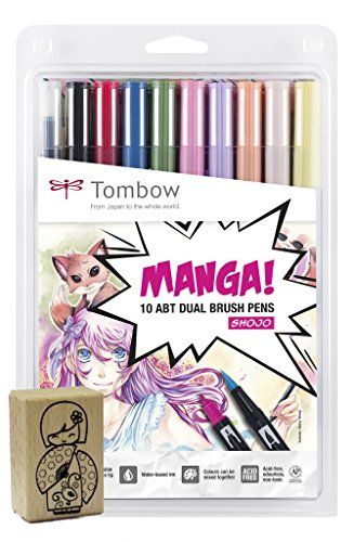 Tombow ABT-10C-MANGA2-ST Manga-set van 10 x viltstiften ABT Dual Brush Pens + Manga-stempel