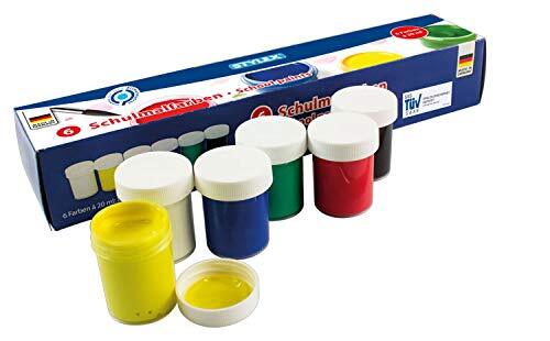 Stylex 28956 Schoolverf in set, 6 kleurkleuren voor kinderen in de kleuren wit, rood, blauw, geel, groen en zwart, afsluitbare potjes van 20 ml