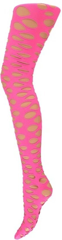 Apollo Dames party pantys zwart met gaten - Verkleedpanty netpanty neon roze S/M