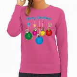 Bellatio Decorations Kersttrui / sweater dames - kerstballen - roze - kerstdiertjes - Merry Christmas XXL