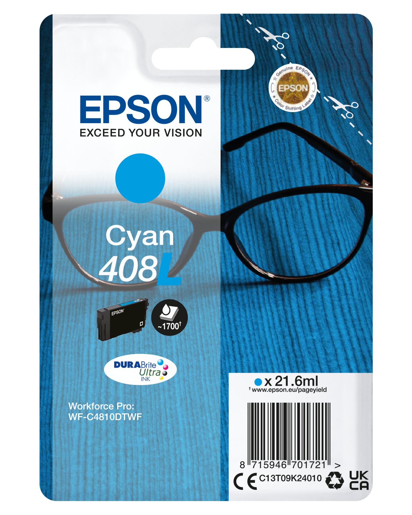Epson Singlepack Cyan 408L DURABrite Ultra Ink single pack / cyaan