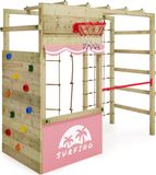 Wickey Smart Action Speeltoestel - Hangladder met Klimnet en Klimwand - Basketbalring & Winkel - 250x105x220 cm - Pastelroze