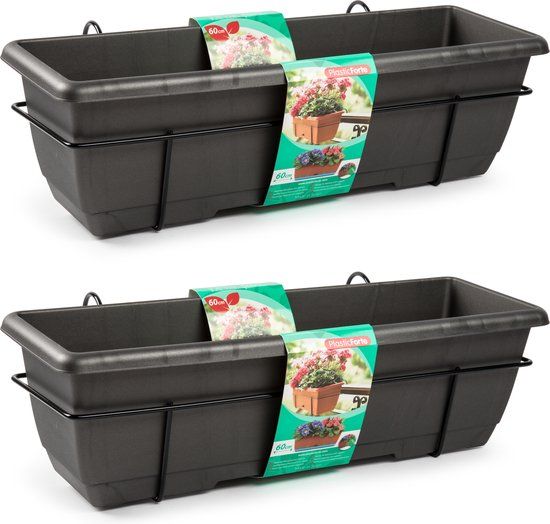 2x Antraciet 60cm Balcony/Fence Planters with Hanger - Plastic Forte