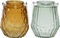 Decoris Set van 2x stuks theelichthouders/waxinelichthouders ruit/streep glas cognac/oranje en mistgroen met metalen handvat 11 x 13 cm