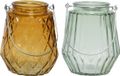 Decoris Set van 2x stuks theelichthouders/waxinelichthouders ruit/streep glas cognac/oranje en mistgroen met metalen handvat 11 x 13 cm