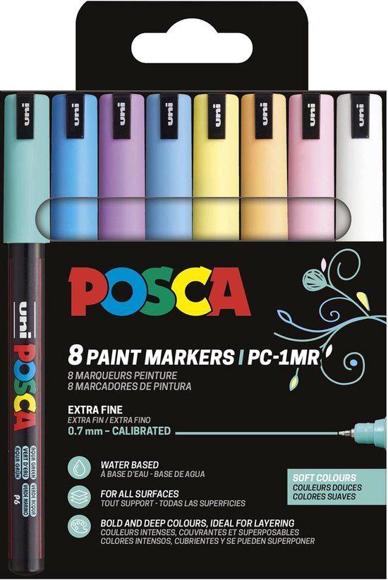 Posca Uni POSCA paintmarker PC-1MR | 0 | 7 mm | etui van 8 stuks in geassorteerde zachte kleuren