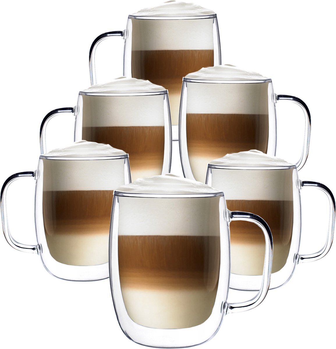 Altom Design Luxe Dubbelwandige Theeglazen - Cappuccino Glazen - Latte Macchiato glazen dubbelwandig - Theeglas Dubbelwandig met oor- 400 ML - Set Van 6