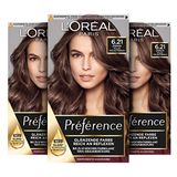 L'Oréal Paris Permanente haarverf, haarverfset met kleuring en kleurglans-verzorgingsbalsem, Préférence, 6.21 licht parelmoerbruin, set van 3