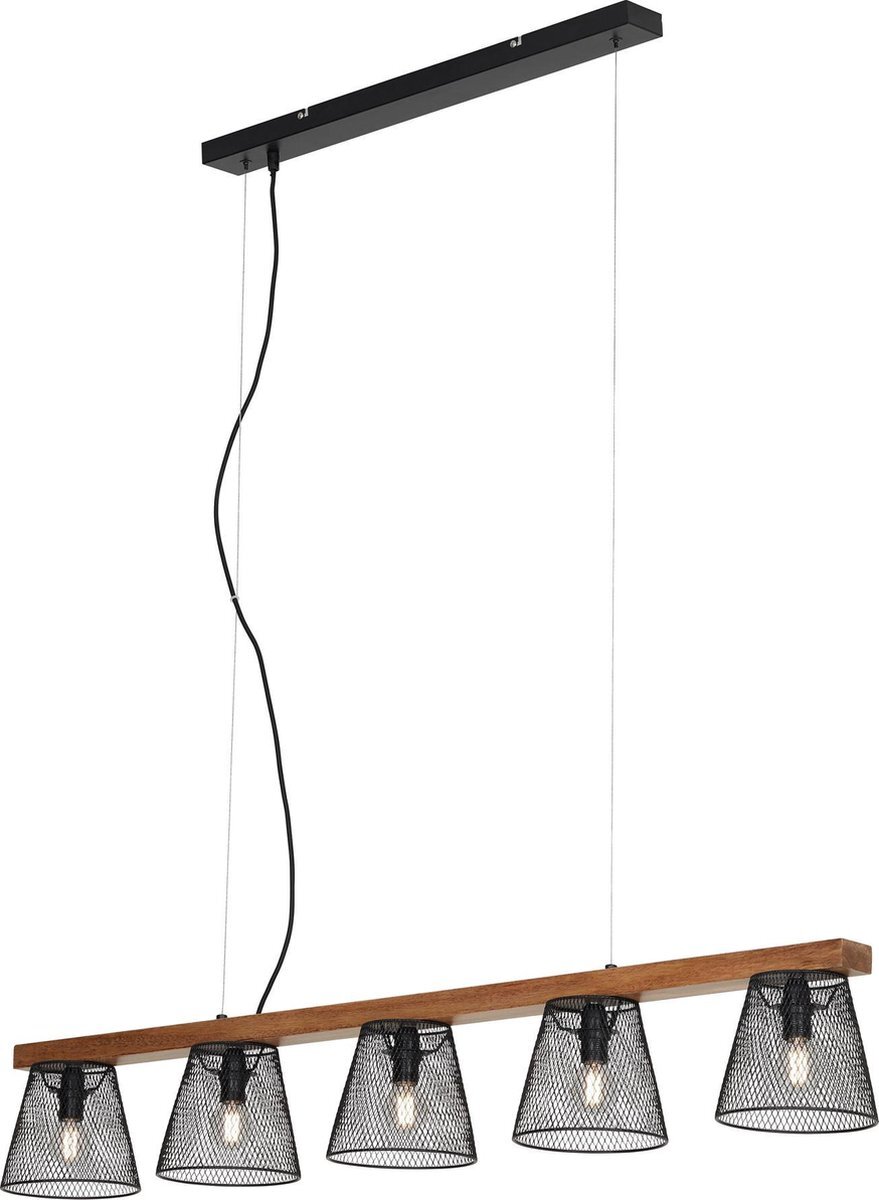 Briloner Leuchten WOOD & STYLE hanglamp - 5-lichts - E14 max. 25W - Zwart - Metaal-hout en stof