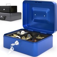 ACROPAQ Geldkistje - Blauw - 20x16x9cm - Metalen Geldkluis met Sleutel - 4 Biljetvakken, 8 Muntvakken