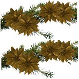 Gerimport Kerstboomversiering Bloemen - 8x stuks - 9 cm - goud glitter - op clip