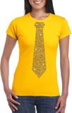 Bellatio Decorations Shoppartners Bv Geel fun verkleed t-shirt - met stropdas - in glitter goud - dames - korte mouwen L