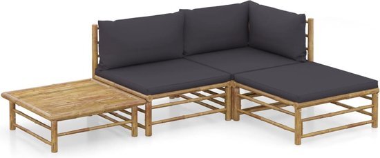 vidaXL 4-delige Loungeset met donkergrijze kussens bamboe