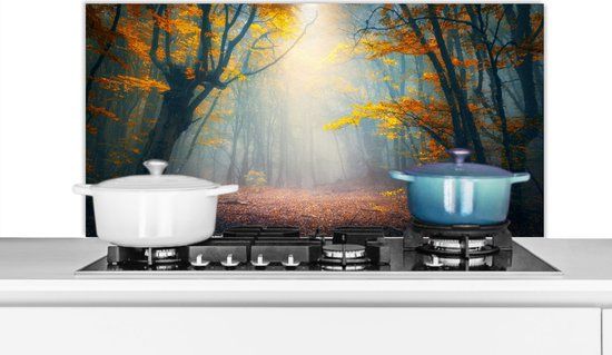 KitchenYeah Spatscherm keuken 100x50 cm - Bos - Mist - Herfst - Aluminium