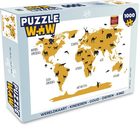 MuchoWow Puzzel Wereldkaart - Kinderen - Goud - Dieren - Kind - Legpuzzel - Puzzel 1000 stukjes volwassenen - Sinterklaas cadeautjes - Sinterklaas voor grote kinderen