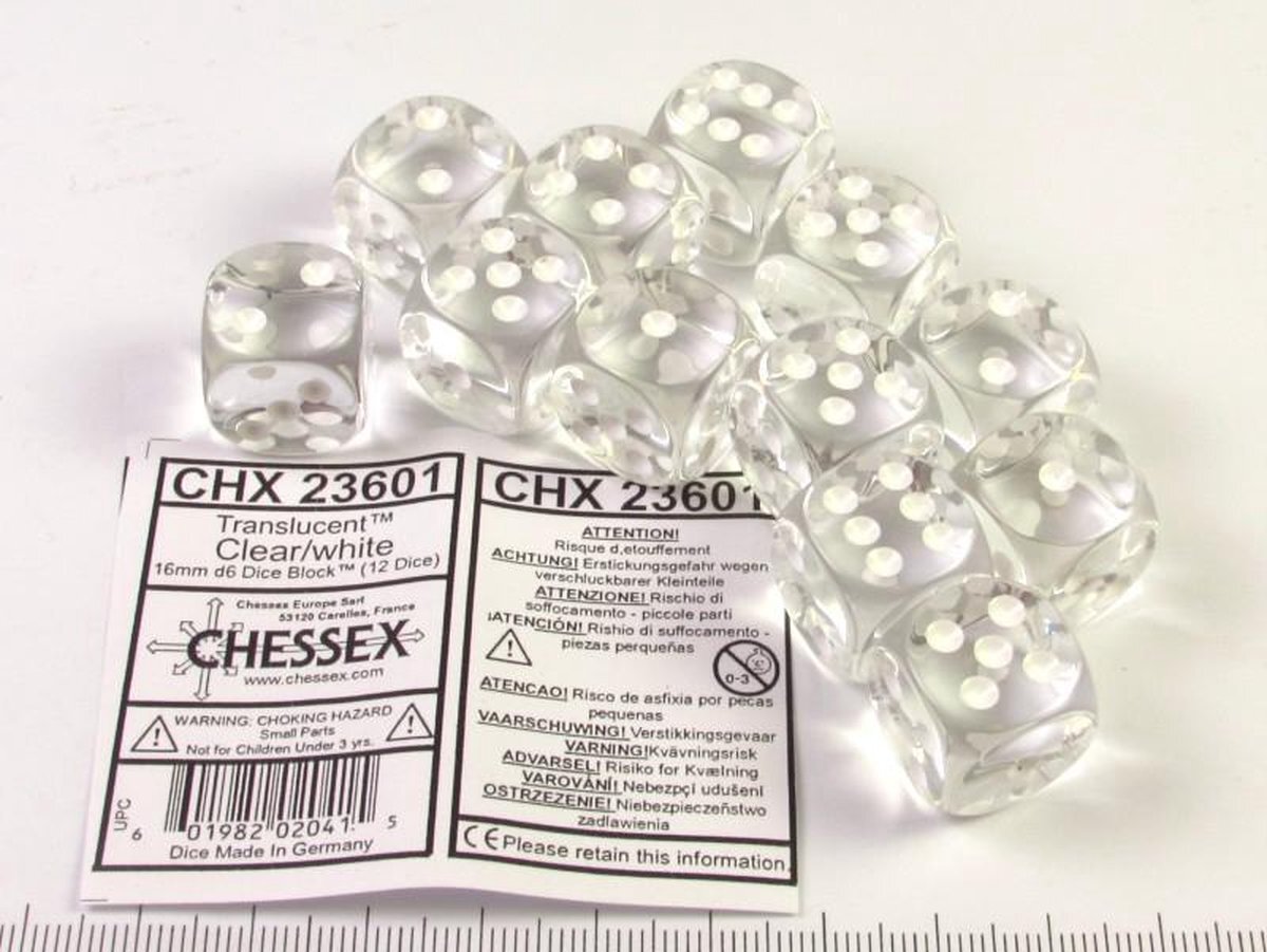 Chessex Set 12 6-zijdig, 16mm transparant kleurloos