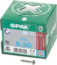 Spax R.v.s. schroef, 5 x 30 mm, 200 stuks, volledig schroefdraad, bolkop, T-STAR plus T20, 4CUT, roestvast staal A2 - 0207000500303