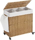 SONGMICS Handgeweven wasmand, 140 l, rotan-imitatie, 3-delig, afneembare zak, deksel, handgrepen, eenvoudige montage, woonkamer, badkamer, 66 x 33 x 60 cm, houtkleur LCB363N01