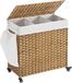 SONGMICS Panier à linge tressé à la main, 140 l, imitation rotin, lot de 3, sac amovible, couvercle, poignées, montage facile, salon, salle de bain, 66 x 33 x 60 cm, couleur bois LCB363N01