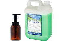 Claudius Cosmetics B.V. Body & Hair Zeepdispenser 300 ml amber bruin hervulbaar + 5 liter Body & Hair Alpenkruiden navulling