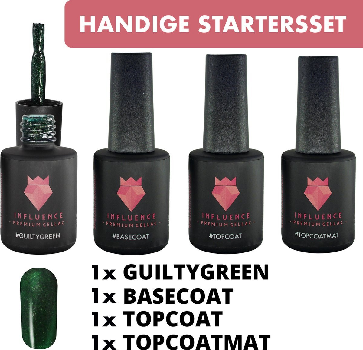 Influence - Premium Gellac #GUILTYGREENSERIE - Influence Gellac - UV / LED Gellak - Gel nagellak - Gel lak - Kado voor haar vrouw - Basecoat - Topcoat - Topcoatmat - No wipe - Groen / Transparant - Startersset - 4 x 10 ml