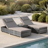 Tectake Luxe bain de soleil en osier - Bain de soleil 2 personnes avec table d'appoint - Gris