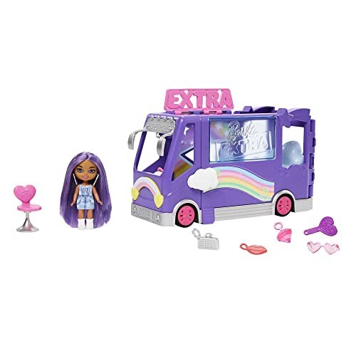 Barbie ?Barbie sets, Extra Mini Mini's Voertuig speelset met pop, Uitbreidbare toerbus, kleding en accessoires, HKF84