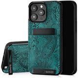 SURAZO Echt lederen achterkant case voor Apple iPhone 15 Pro Max, stootvast lederen telefoonhoes met kaartenvak, standfunctie, sleutelhanger, florale slim bumper beschermhoes (ornament turquoise)