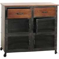 HWC Ladekast HWC-N28, kast, wielen 2 laden, 3D structuur industrieel retro metaal hout 90x100x40cm ~ zwart, bruin