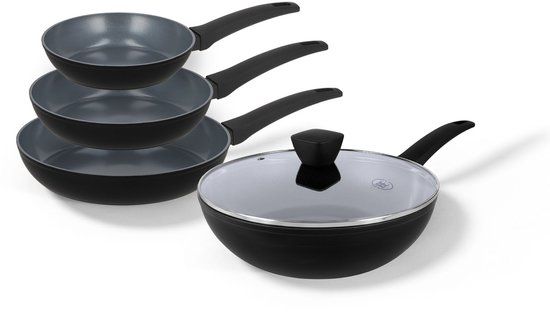 BE Living Pannenset 4-delig - Ø 20, 24 & 28 cm Koekenpan + Ø 28 cm Wokpan met Deksel - Koekenpannenset - Keramisch - Inductie Pannen - PFAS Vrij Anti Aanbak - Delight Series