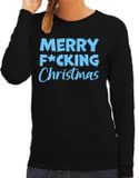 Bellatio Decorations Foute Kersttrui/Sweater Dames - F*cking - Zwart - Glitter Blauw - Kerstman XL