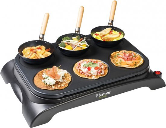 Bestron elektrische Party-Wok-Set, elektrische tafelgrill met mini wok pannen voor 6 personen, incl. 6 houten pannetjes & 1 opscheplepel, 1000 Watt, kleur: zwart