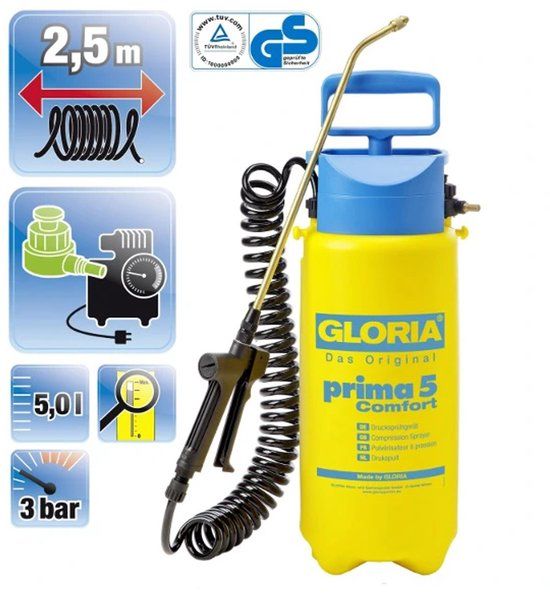 Gloria Prima 5 Comfort Drukspuit 5 l - Compressoraansluiting, Spiraalslang