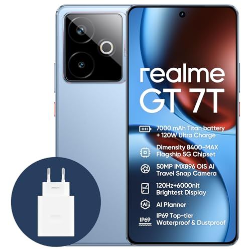 realme GT 7T 5G Smartphone, 12 + 256 GB, 7000 mAh batterij, 120 W opladen, Dimensity 8400-MAX chipset, IMX896 50MP camera, AI Planner, 6000nits Pro-Esports 120Hz display, IP69, blauw, Amazon Exclusive
