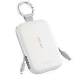 RORRY CharmGo Powerbank, 5000 mAh, draagbare oplader met geïntegreerde kabels en sleutelhanger, draagbare externe accu voor iPhone 17/16/15, AirPods 2/3/4/Pro, wit