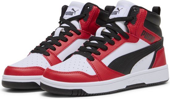PUMA Rebound V6 Mid Jr Unisex Sneakers - PUMA White-PUMA Black-For All Time Red - Size 39