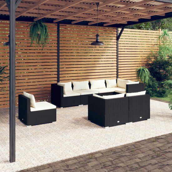 The Living Store - Loungeset - Poly rattan - 5 hoekbanken - 3 middenbanken - Zwart - 70 x 70 x 60.5 cm - Waterbestendig - Comfortabele kussens