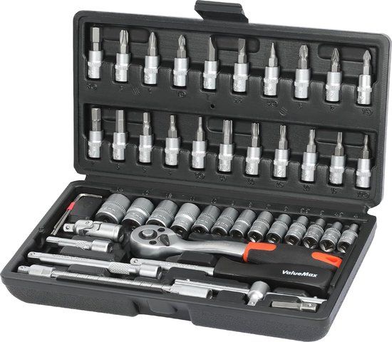 Steeksleutelset 46-delig Cr-V stalen steeksleutel met 1/4 inch ratel, steeksleutel, bitset, dopsleutelinzetstukken, gereedschapskoffer