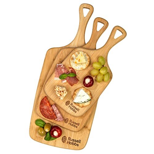 Russell Hobbs RH01971EU 3 Piece Reversible Paddle Bamboo Chopping, Food Preparation & Charcuterie Platter Board Set, Strong & Durable To Protect Kitchen Worktops, 30, 35 & 45cm With Hanging Holes