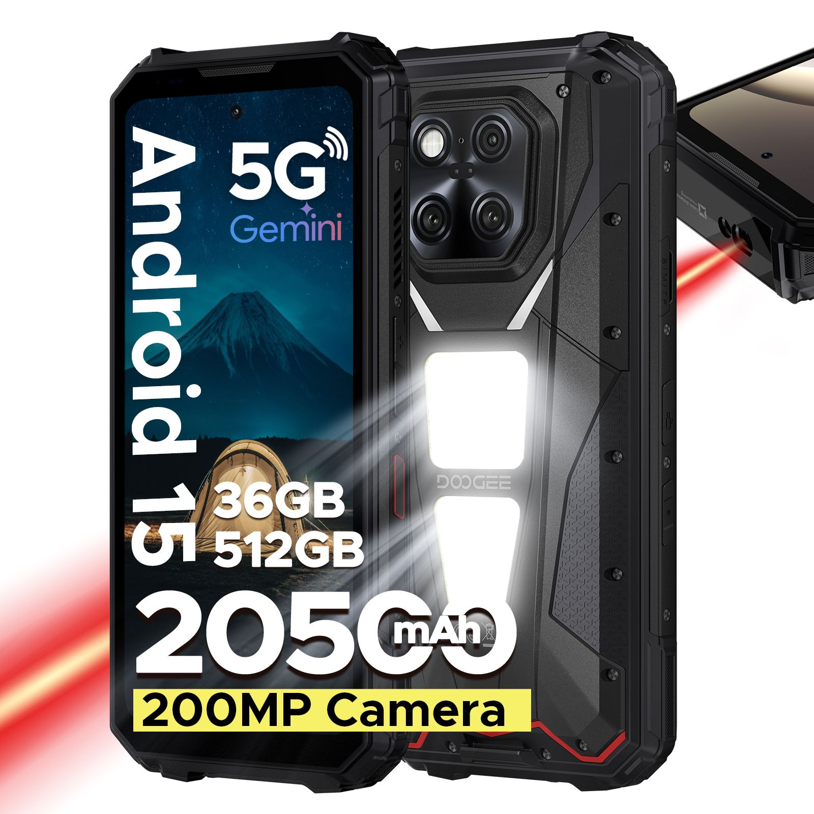 DOOGEE V Max LR 5G robuuste telefoon laser-afstandsmeter dubbele campinglampen 16GB 512GB ROM 6.78'' scherm 20500mAh batterij smartphone