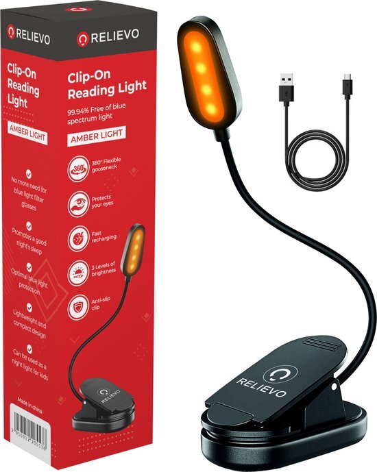 Relievo Draadloos Led Leeslampje met Klem - Voor Boek Slaapkamer - USB Oplaadbaar Leeslamp - Boeklamp Amber Licht