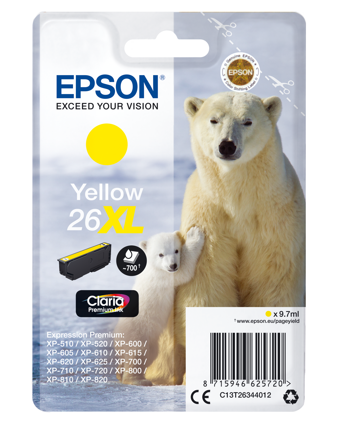 Epson Polar bear Singlepack Yellow 26XL Claria Premium Ink single pack / geel