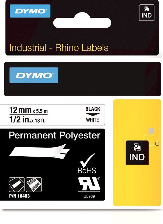 DYMO Rhino Permanent Polyester Label Tape - 12mm x 3.5m - Black on White