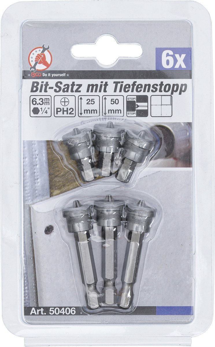 BGS Do it yourself Bitset met dieptestop voor gipslaten PH2, 6 delig