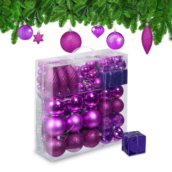 Relaxdays Kerstballen, set van 110, kunststof, D: 8 cm, onbreekbaar, felroze, zilver